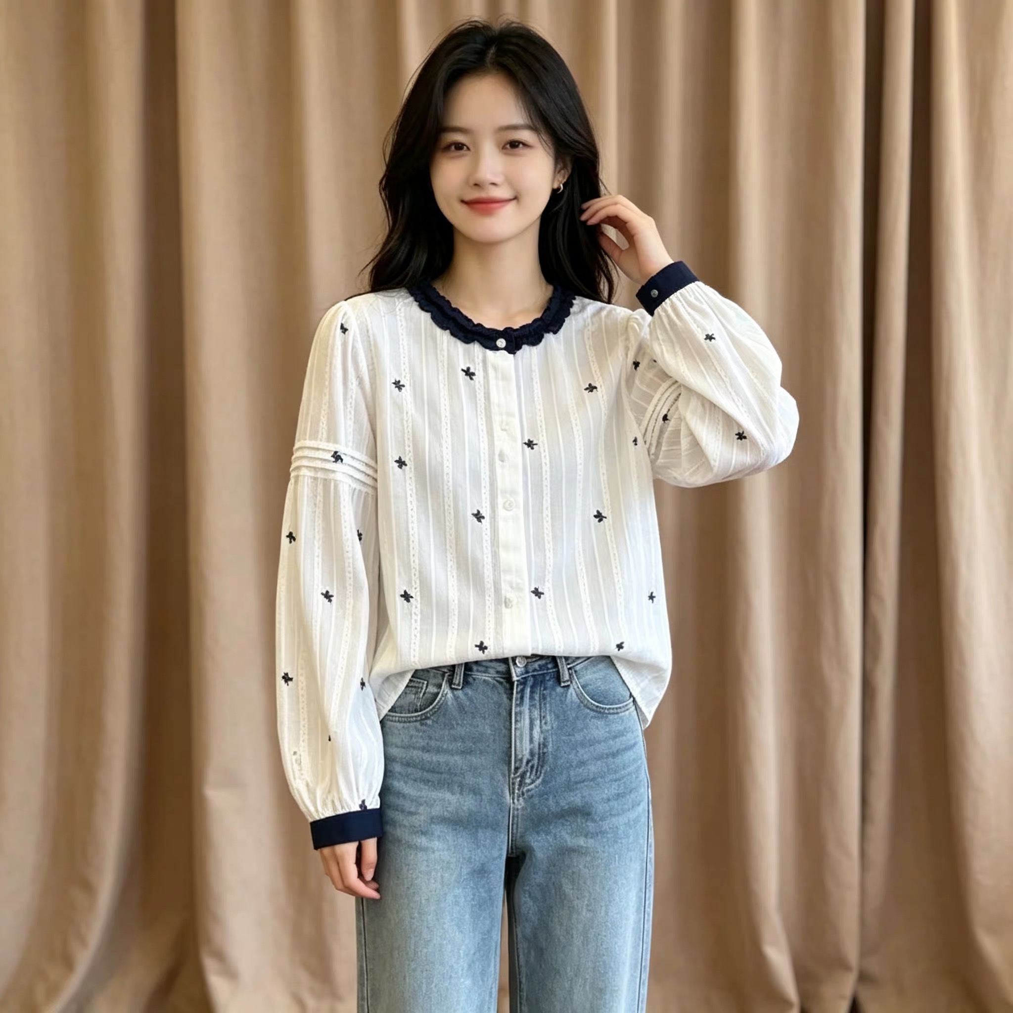 2026 Autumn Korean Embroidered Lace Collar Long Sleeve Shirt for Women Plus Size Loose Casual Top