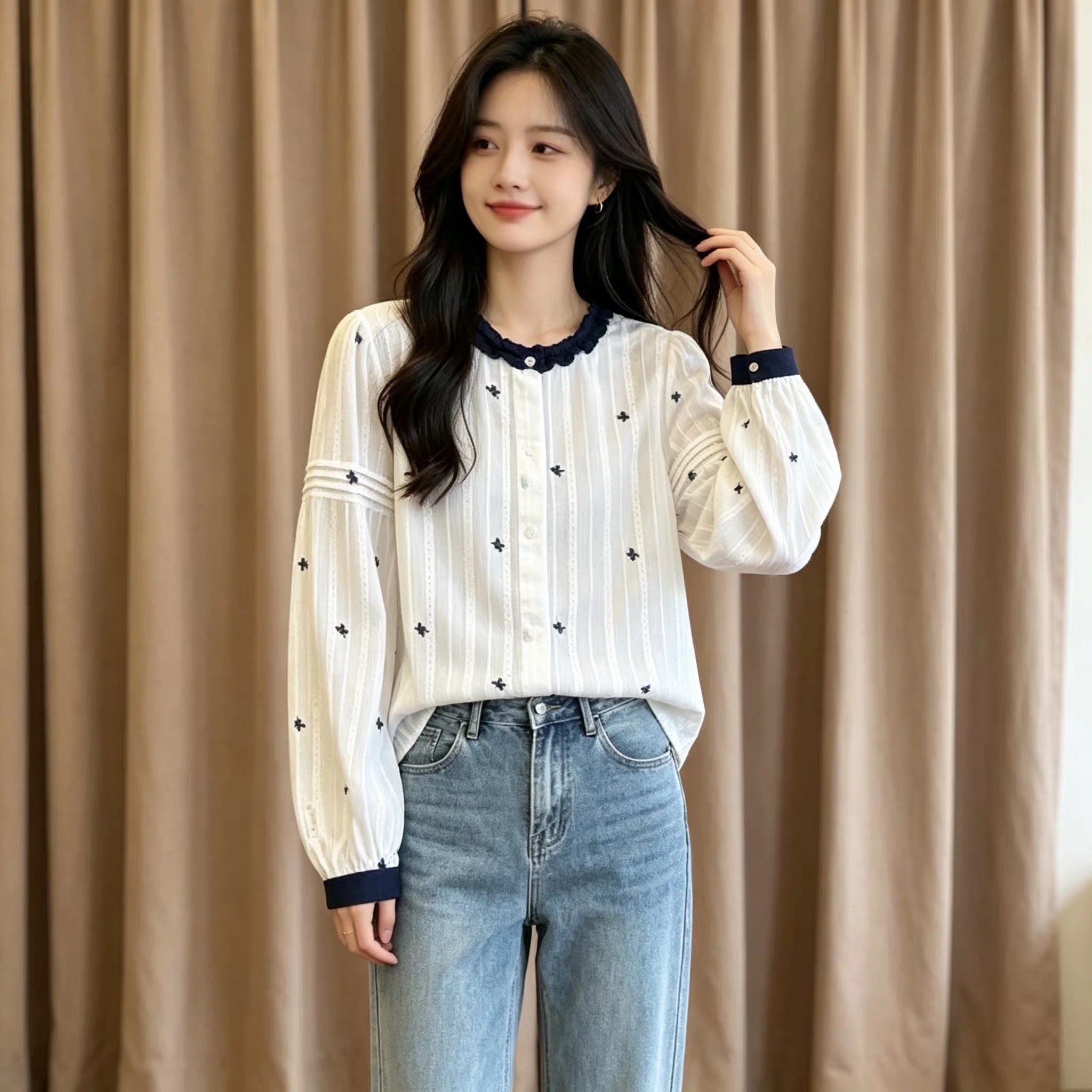 2026 Autumn Korean Embroidered Lace Collar Long Sleeve Shirt for Women Plus Size Loose Casual Top