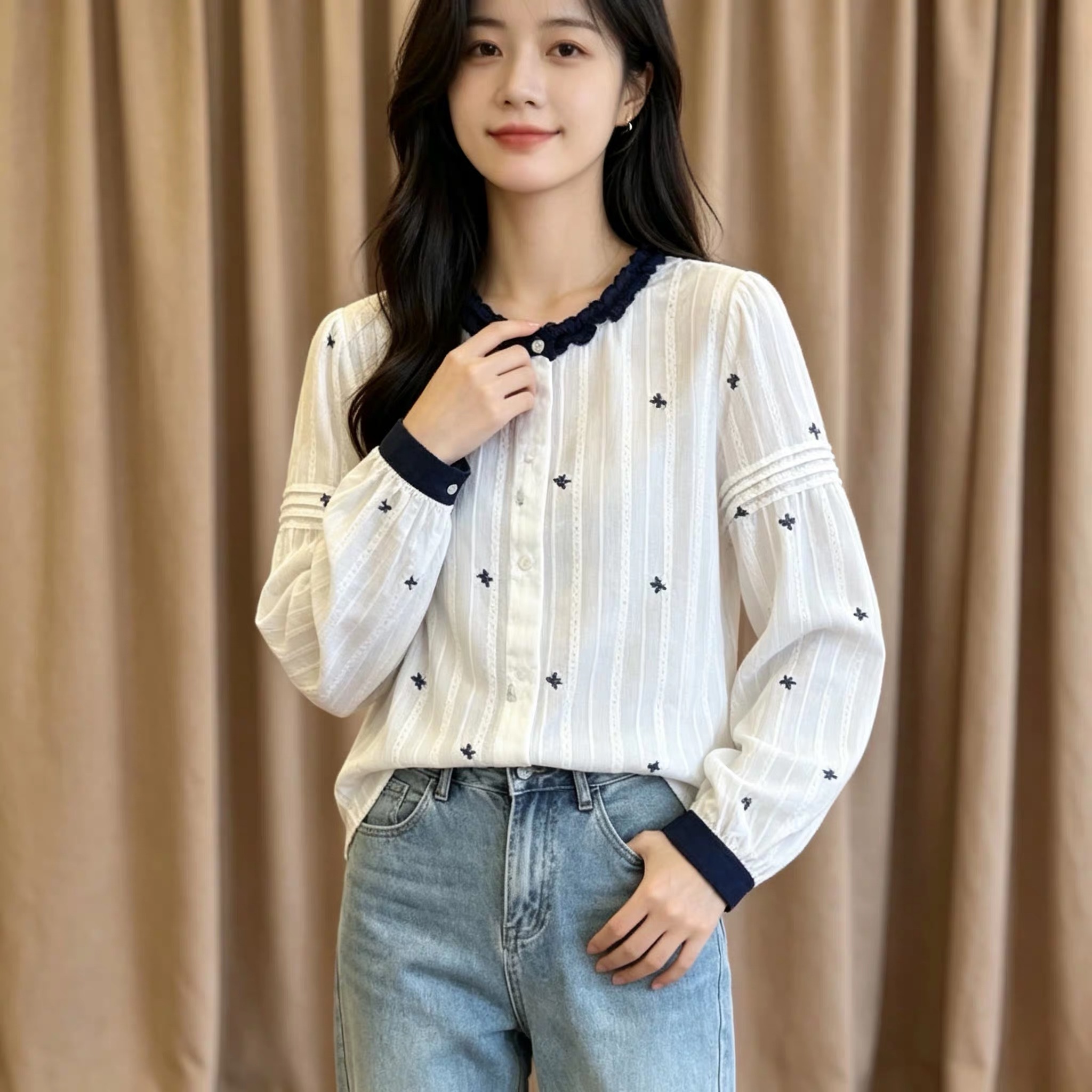 2026 Autumn Korean Embroidered Lace Collar Long Sleeve Shirt for Women Plus Size Loose Casual Top