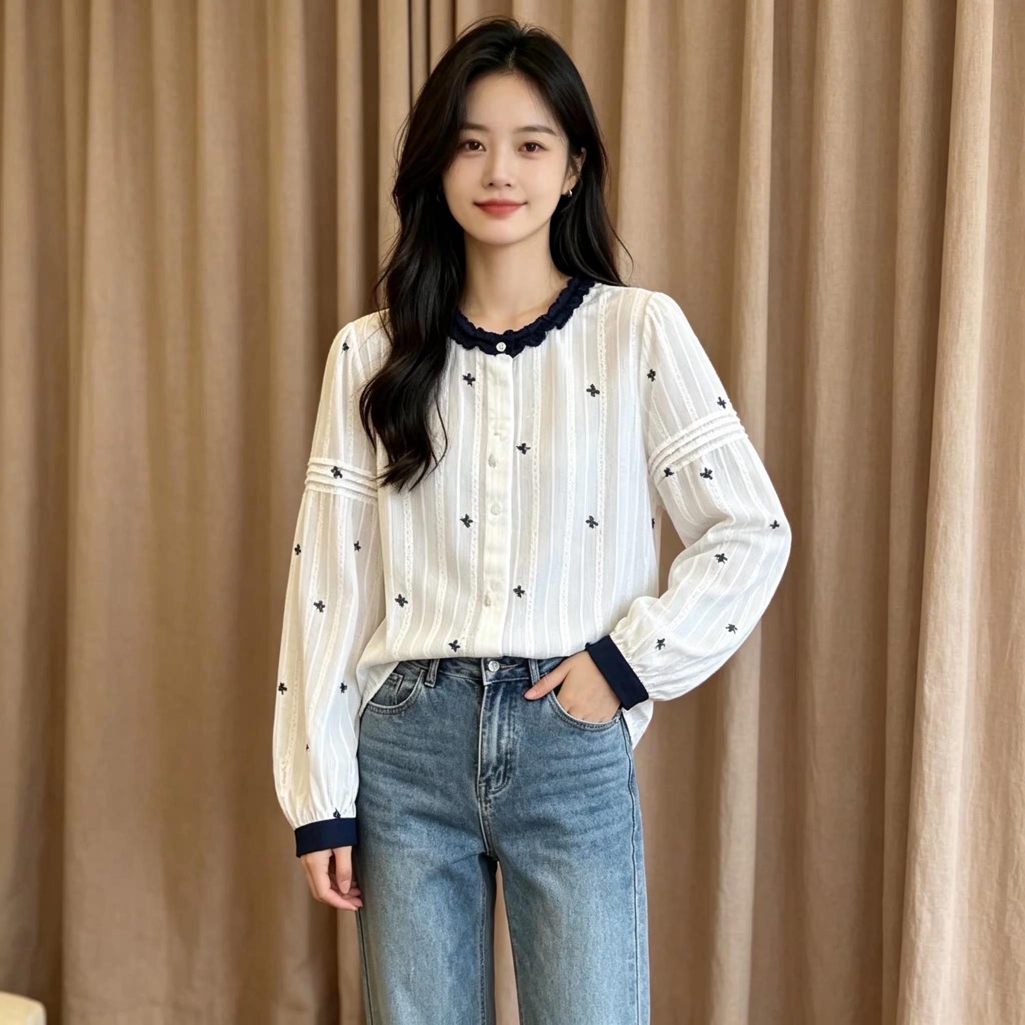 2026 Autumn Korean Embroidered Lace Collar Long Sleeve Shirt for Women Plus Size Loose Casual Top