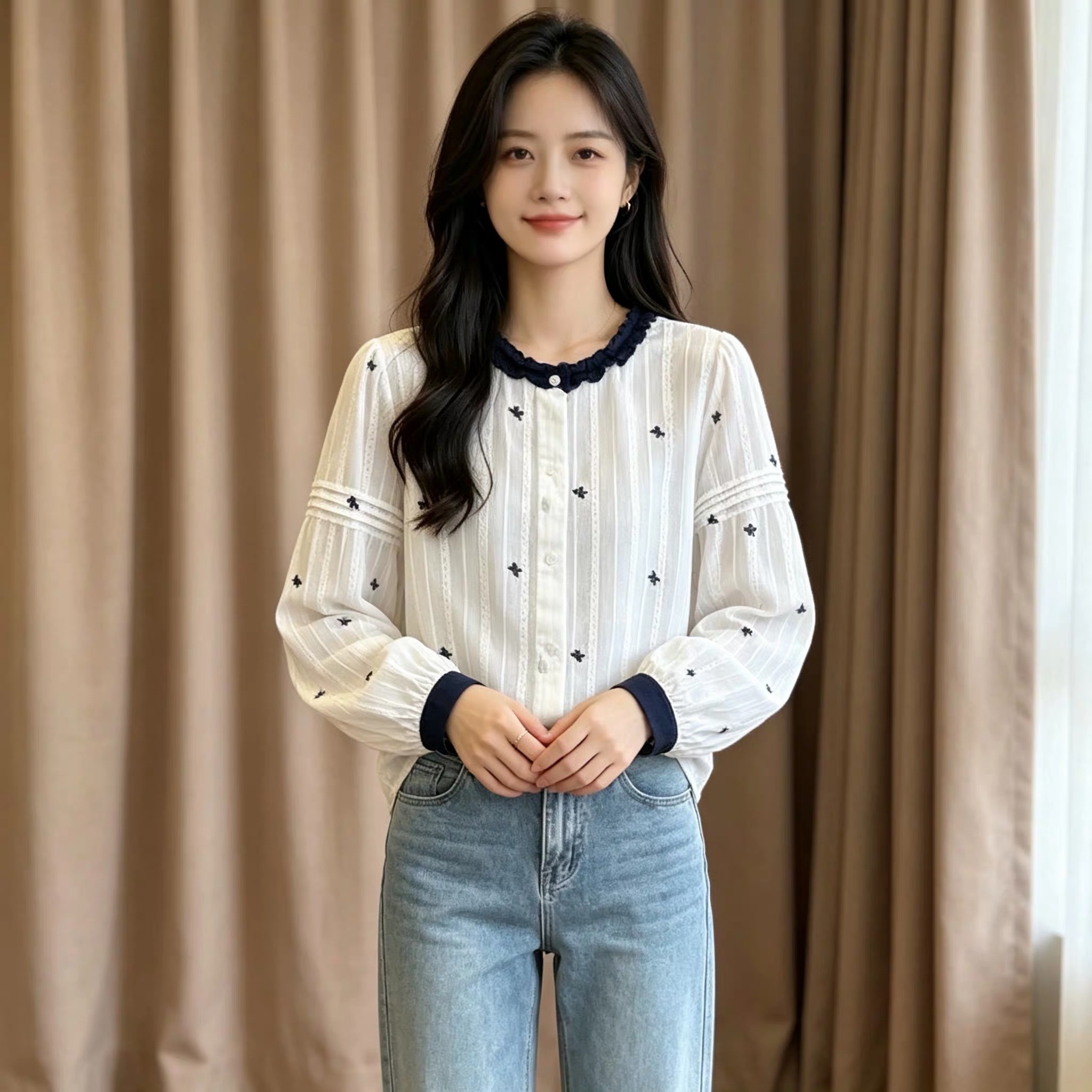2026 Autumn Korean Embroidered Lace Collar Long Sleeve Shirt for Women Plus Size Loose Casual Top