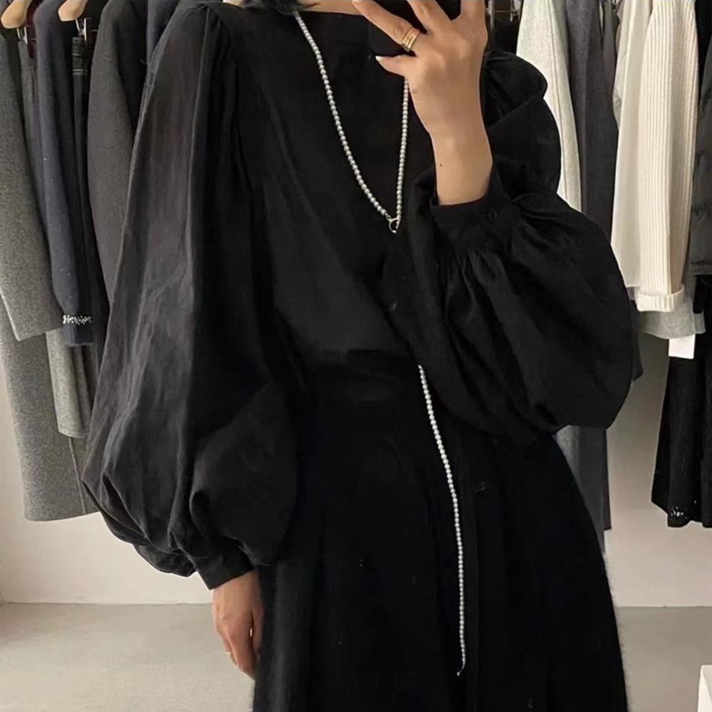 Autumn New Lantern Sleeve White Shirt Long Sleeve Top Plus Size Loose Stand Collar Puff Sleeve Blouse