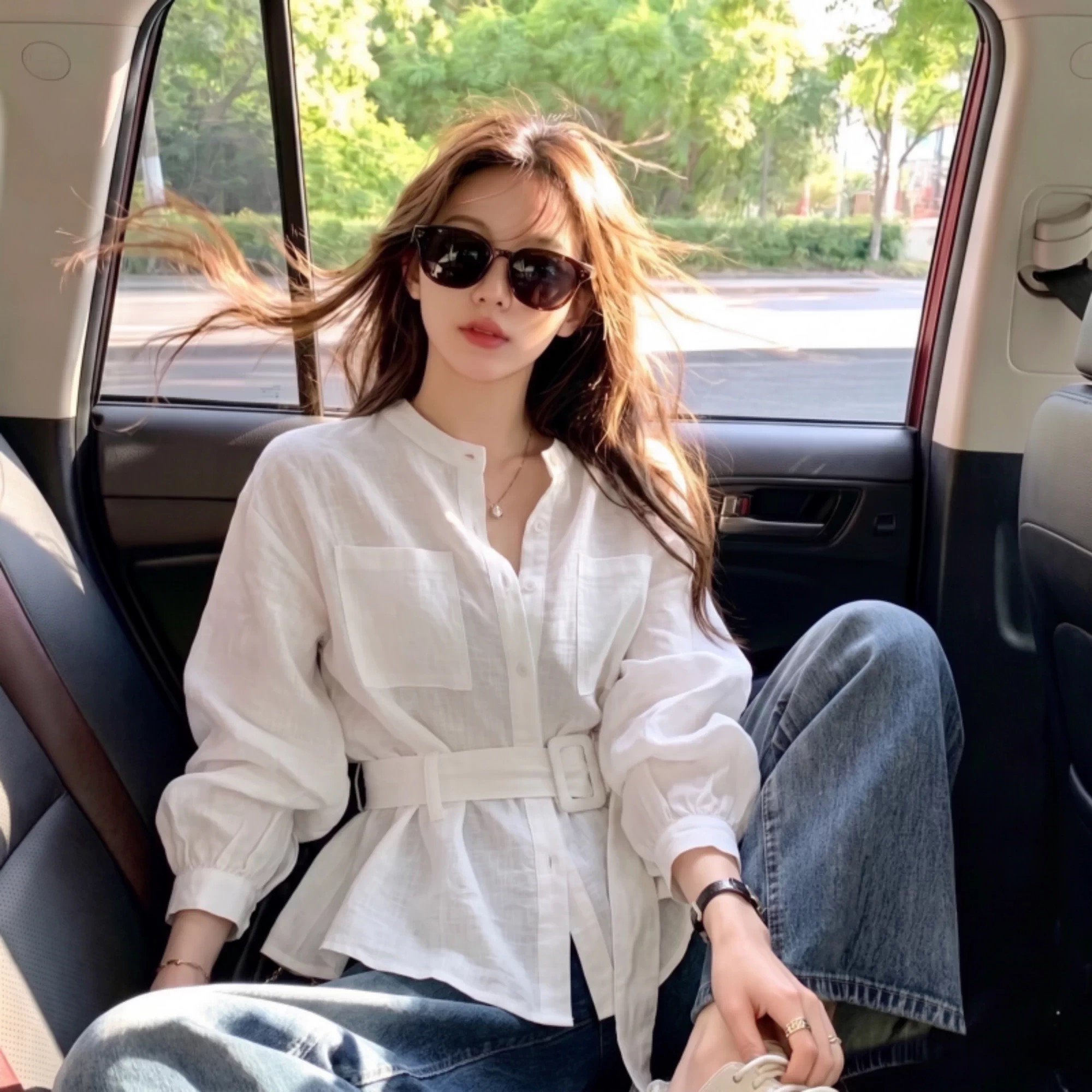Autumn New Style Elegant European Style Long Sleeve Loose Waist Cotton Linen Cinched Shirt Women's Socialite Outfit Top