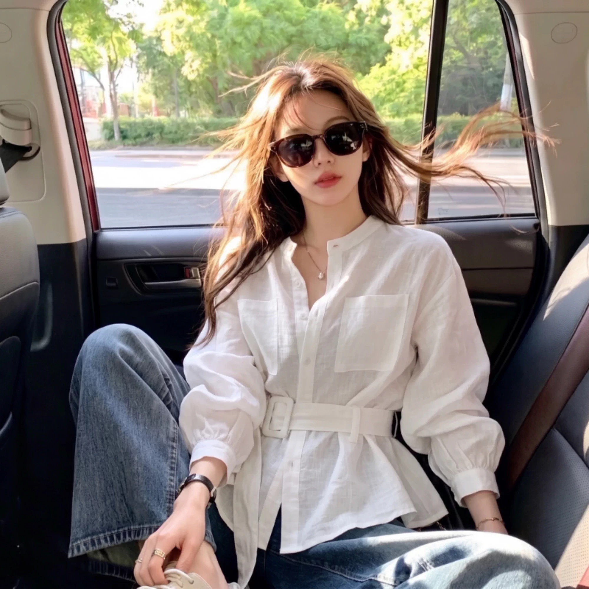 Autumn New Style Elegant European Style Long Sleeve Loose Waist Cotton Linen Cinched Shirt Women's Socialite Outfit Top