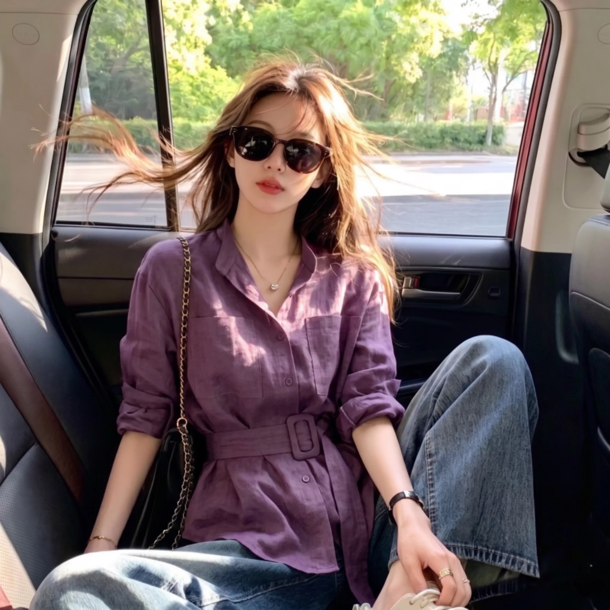 Autumn New Style Elegant European Style Long Sleeve Loose Waist Cotton Linen Cinched Shirt Women's Socialite Outfit Top