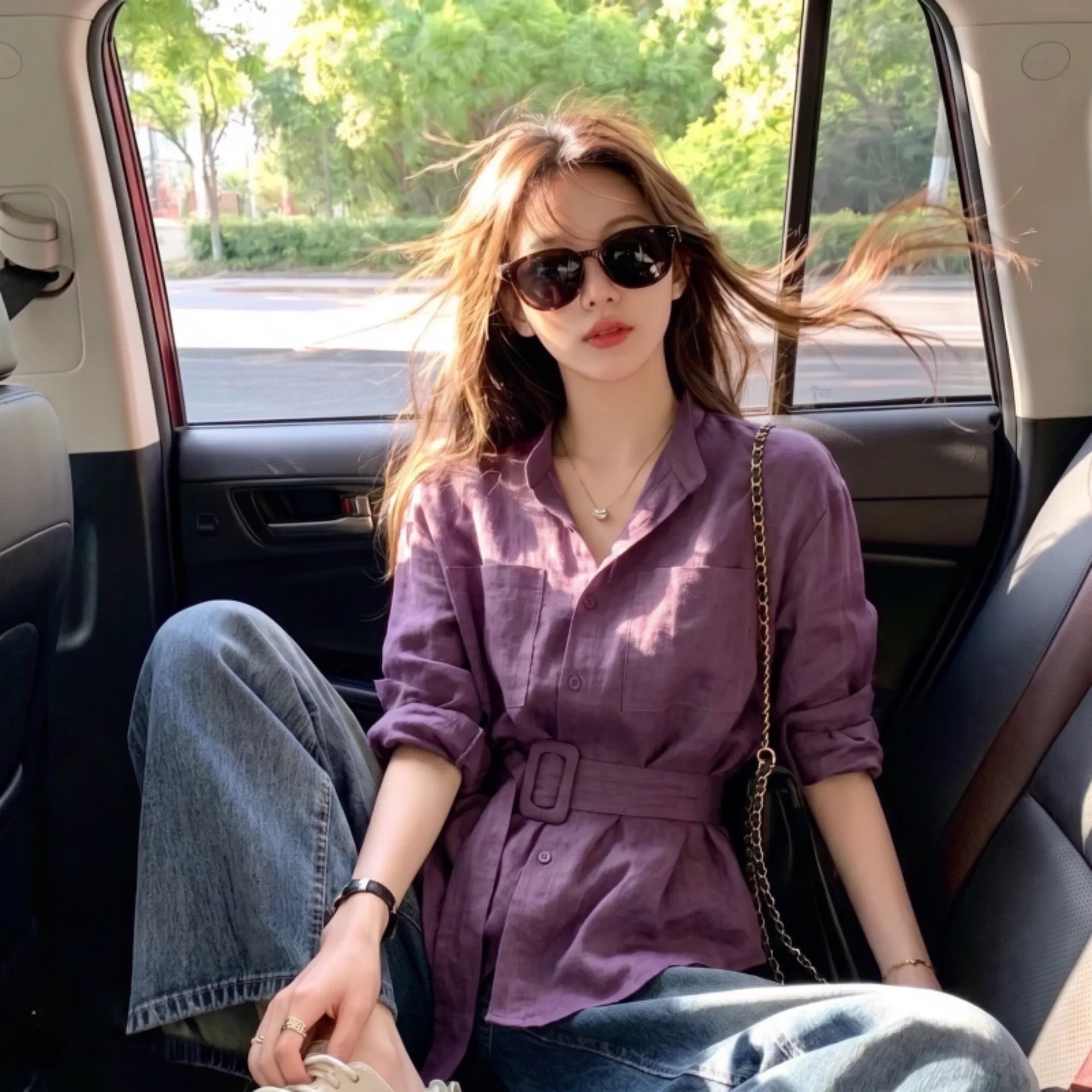 Autumn New Style Elegant European Style Long Sleeve Loose Waist Cotton Linen Cinched Shirt Women's Socialite Outfit Top