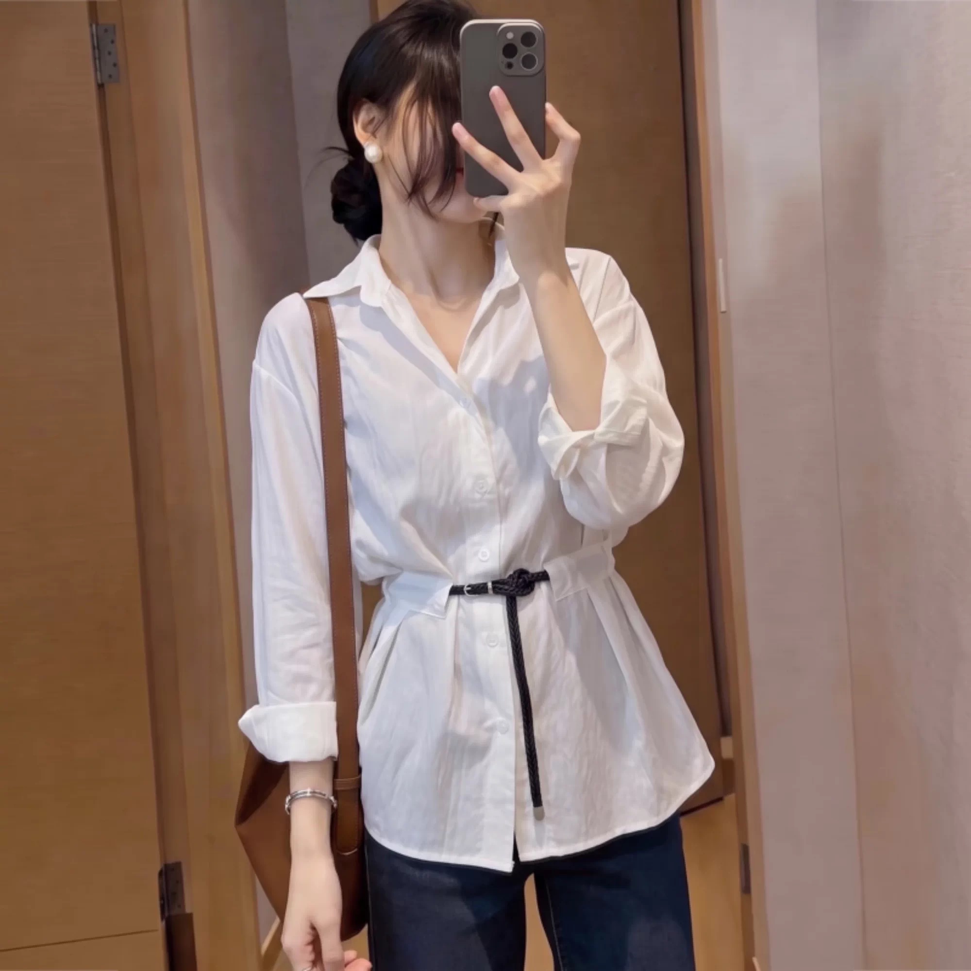 Autumn New Simple Slim Fit Commute Korean Style Gentle Versatile Collared Long Sleeve Sun Protection White Shirt