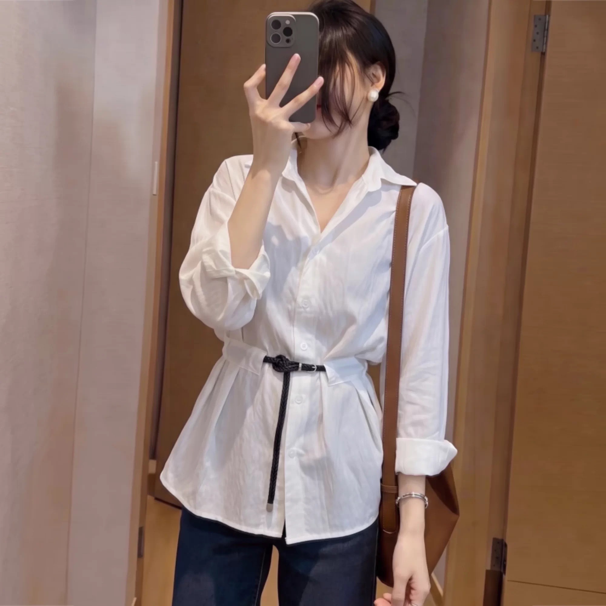 Autumn New Simple Slim Fit Commute Korean Style Gentle Versatile Collared Long Sleeve Sun Protection White Shirt