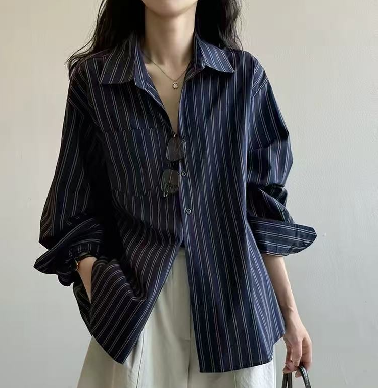 Women's Striped Long Sleeve Shirt Casual Loose Plus Size Top