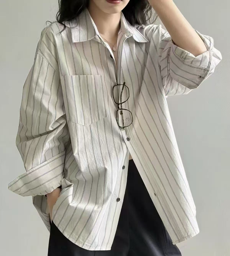 Women's Striped Long Sleeve Shirt Casual Loose Plus Size Top