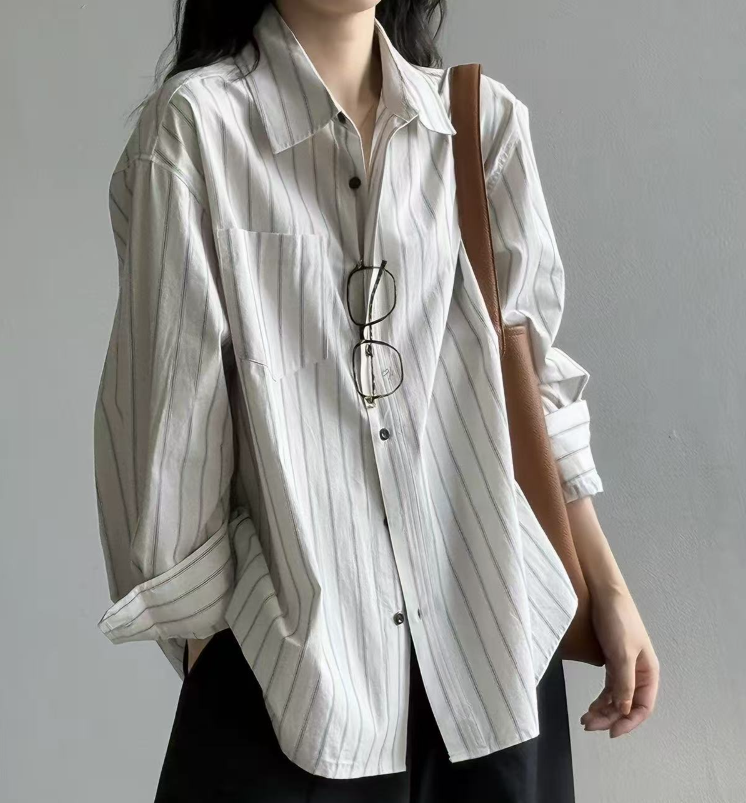 Women's Striped Long Sleeve Shirt Casual Loose Plus Size Top
