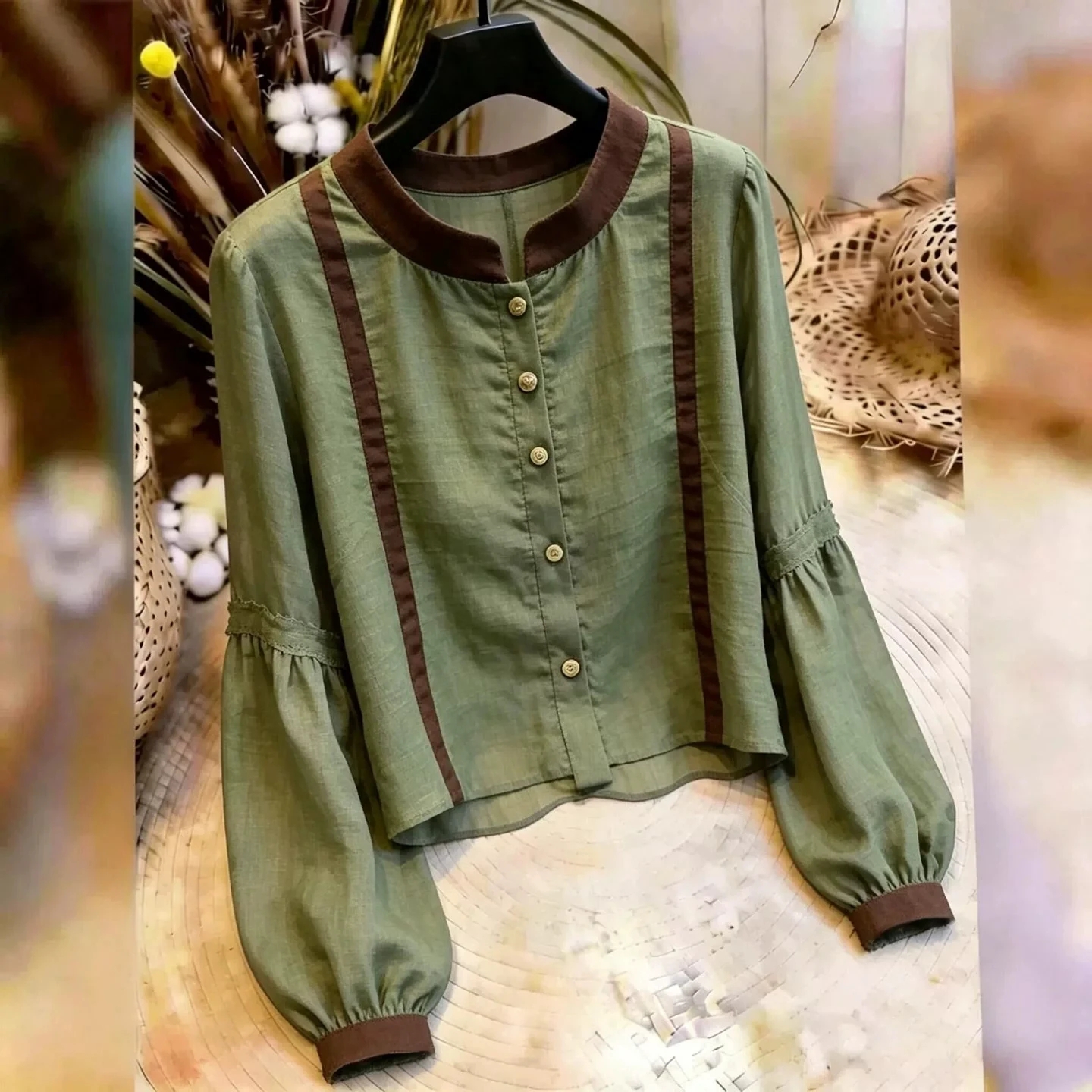 Autumn New Commute Style Green Lantern Sleeve Shirt Women Color Block Patchwork Elegant Versatile Top - Style 6d8d35