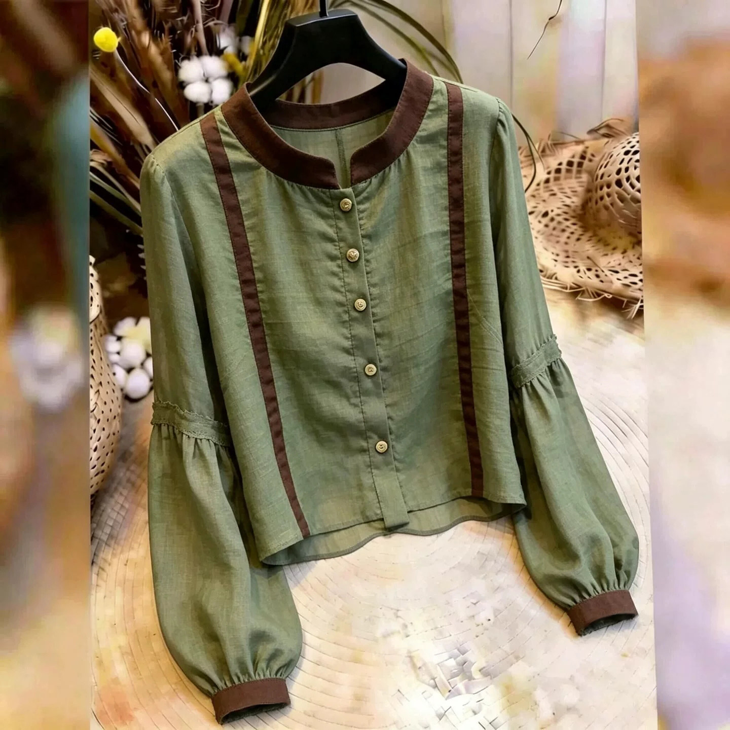 Autumn New Commute Style Green Lantern Sleeve Shirt Women Color Block Patchwork Elegant Versatile Top - Style 6d8d35