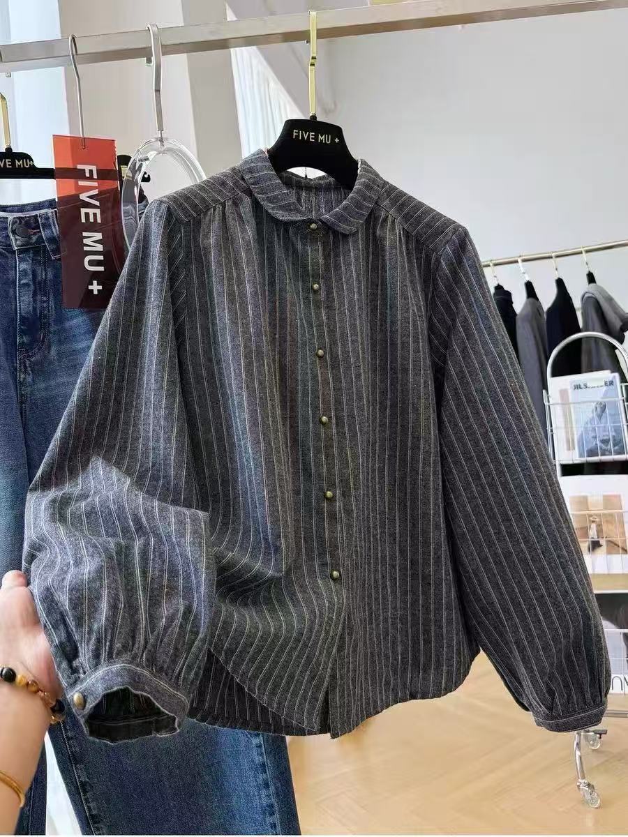 Autumn New Korean Style High-End Feel Small Turn-Down Collar Striped Long-Sleeve Shirt Women's Fall Outfit Top