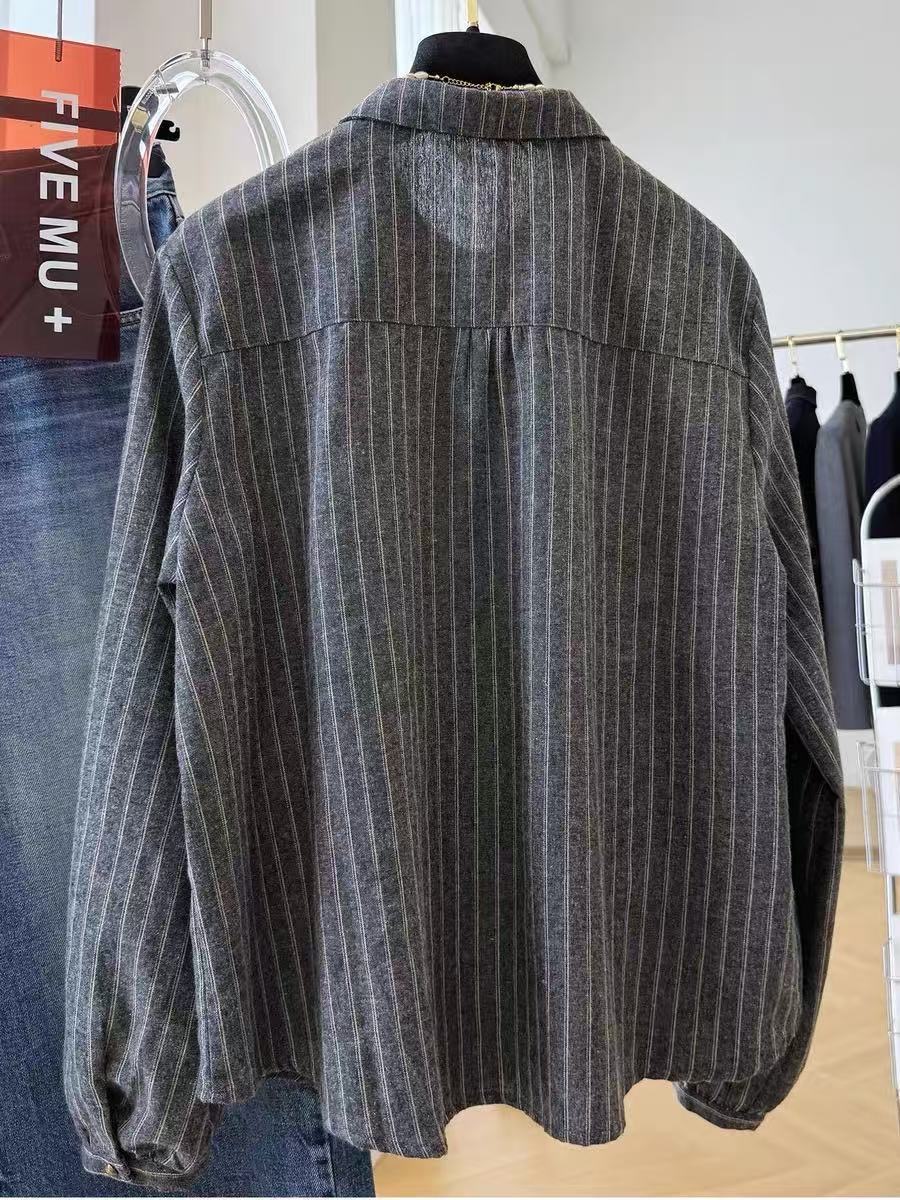 Autumn New Korean Style High-End Feel Small Turn-Down Collar Striped Long-Sleeve Shirt Women's Fall Outfit Top