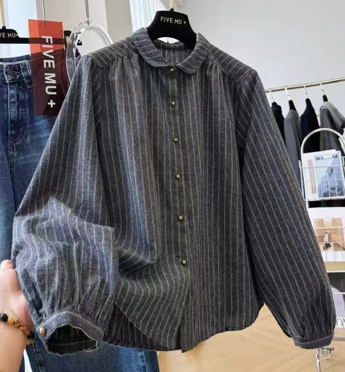Autumn New Korean Style High-End Feel Small Turn-Down Collar Striped Long-Sleeve Shirt Women's Fall Outfit Top