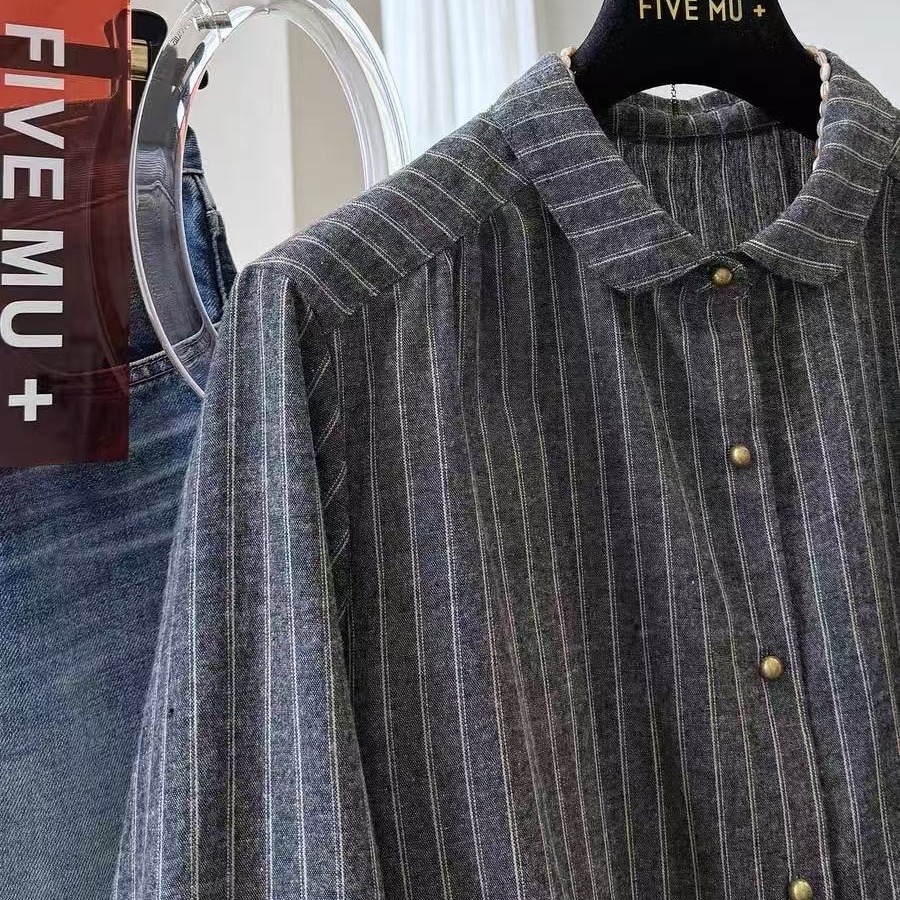 Autumn New Korean Style High-End Feel Small Turn-Down Collar Striped Long-Sleeve Shirt Women's Fall Outfit Top