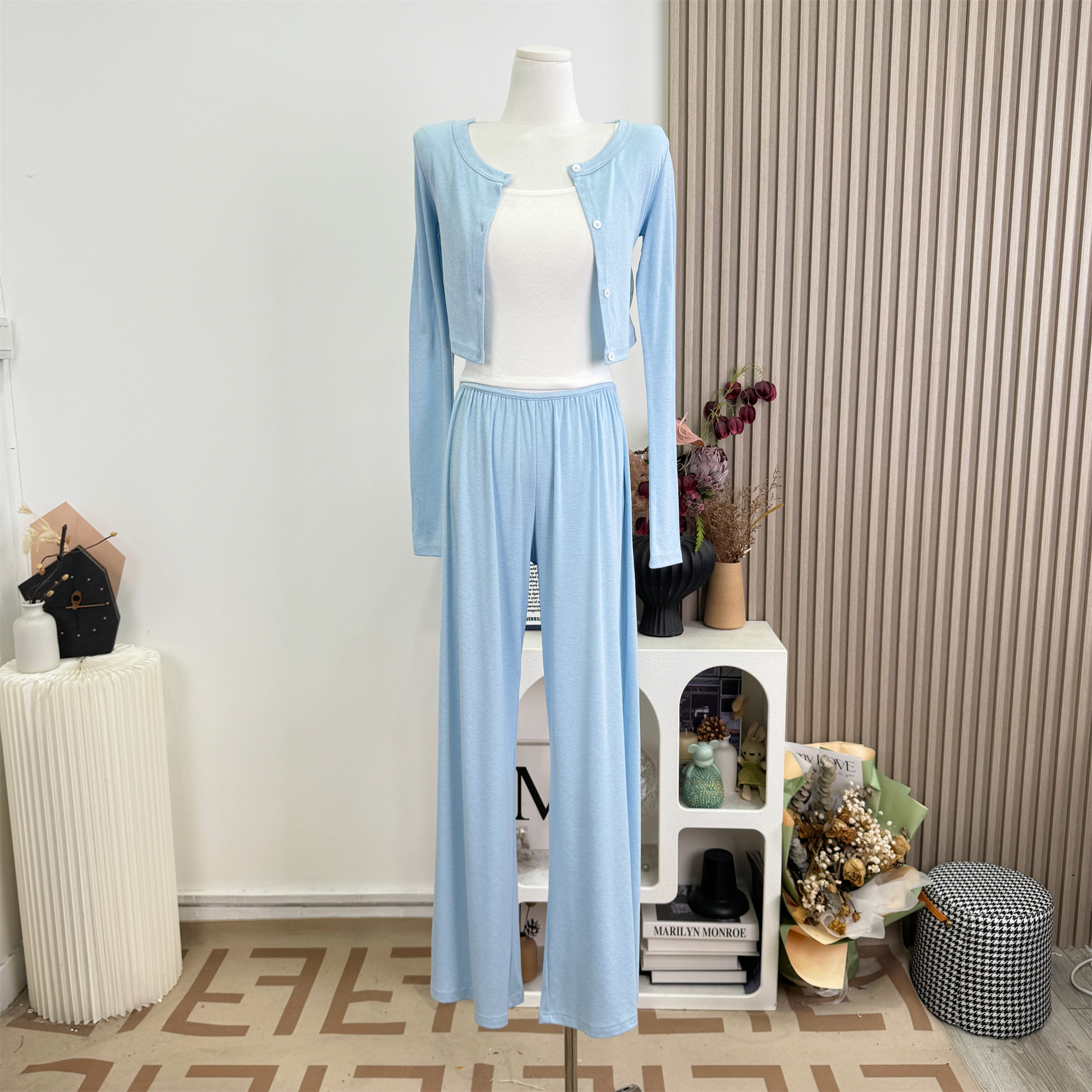 Blue and White Three-Piece Knit Set for Women - Slim Fit Casual Outfit