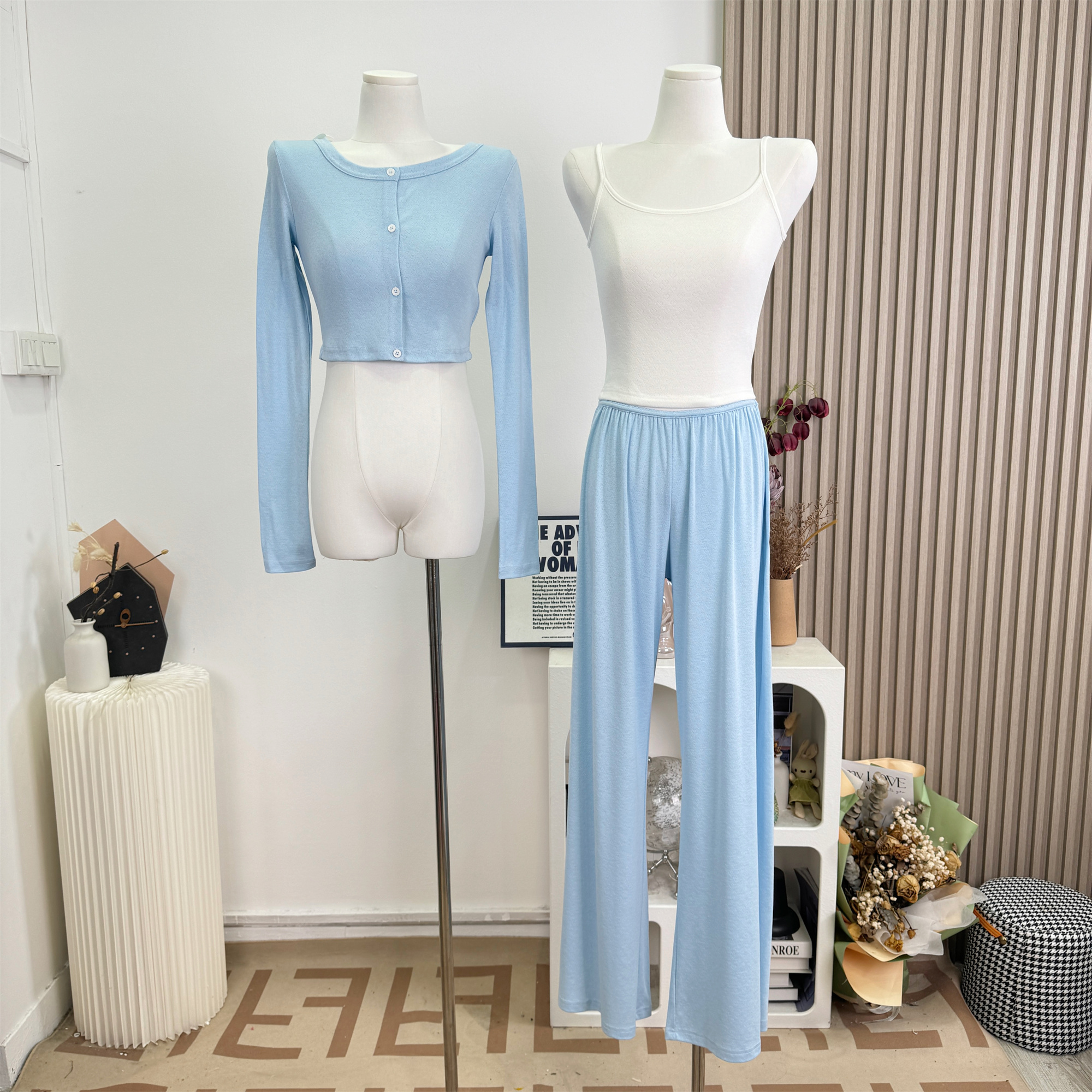 Blue and White Three-Piece Knit Set for Women - Slim Fit Casual Outfit