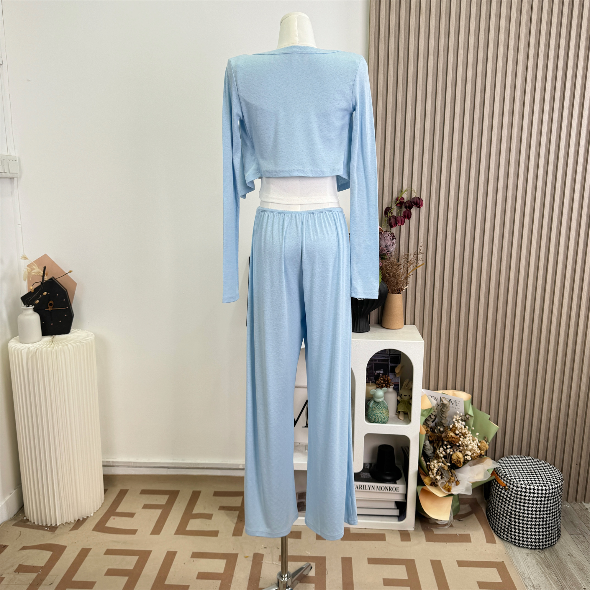Blue and White Three-Piece Knit Set for Women - Slim Fit Casual Outfit
