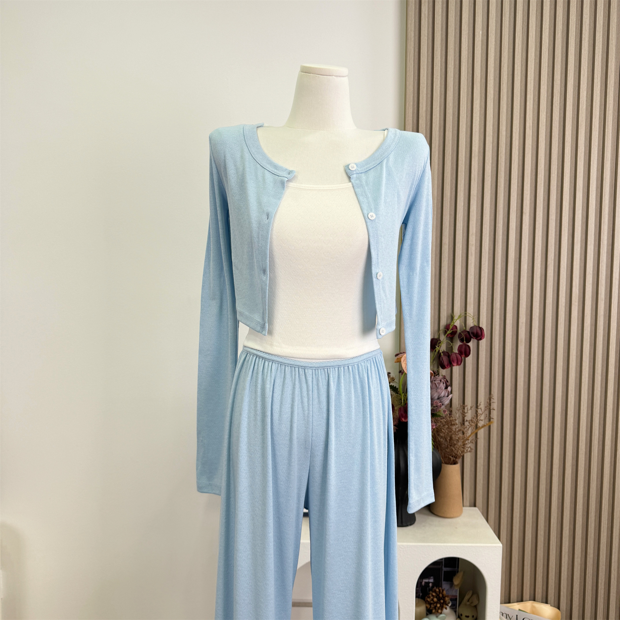 Blue and White Three-Piece Knit Set for Women - Slim Fit Casual Outfit