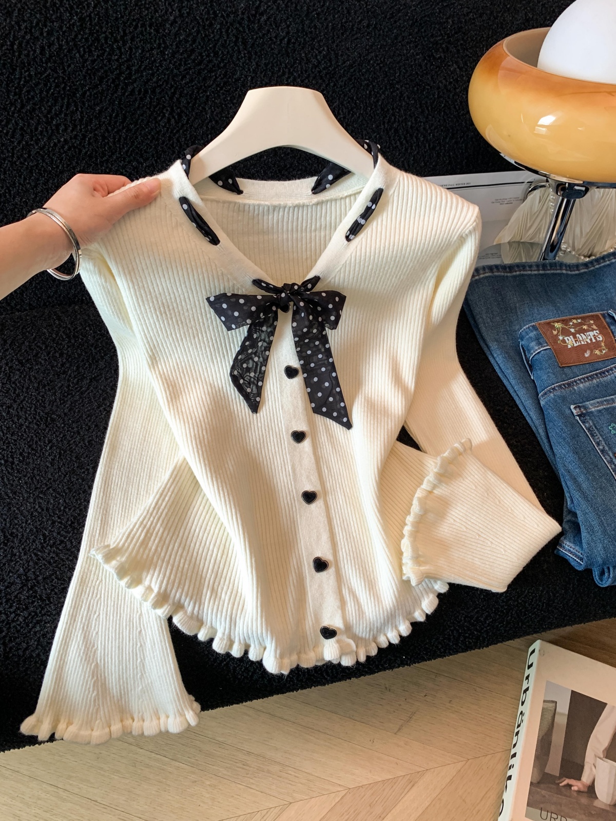 Apricot V-Neck Ribbon Bow Knit Top for Women Early Autumn Sweater Base Layer
