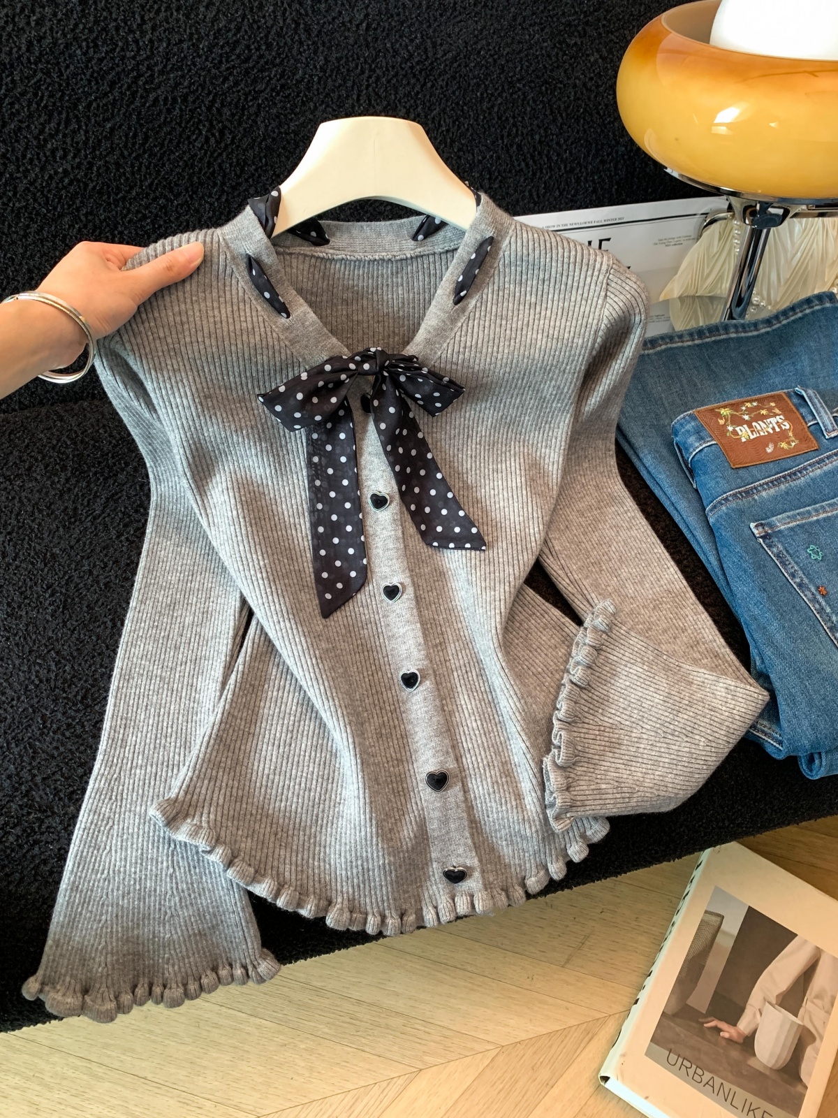 Apricot V-Neck Ribbon Bow Knit Top for Women Early Autumn Sweater Base Layer