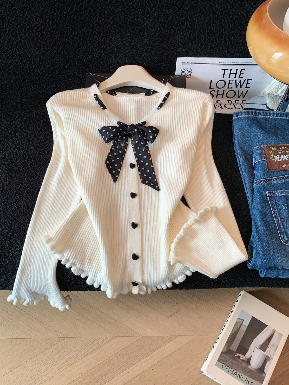 Apricot V-Neck Ribbon Bow Knit Top for Women Early Autumn Sweater Base Layer