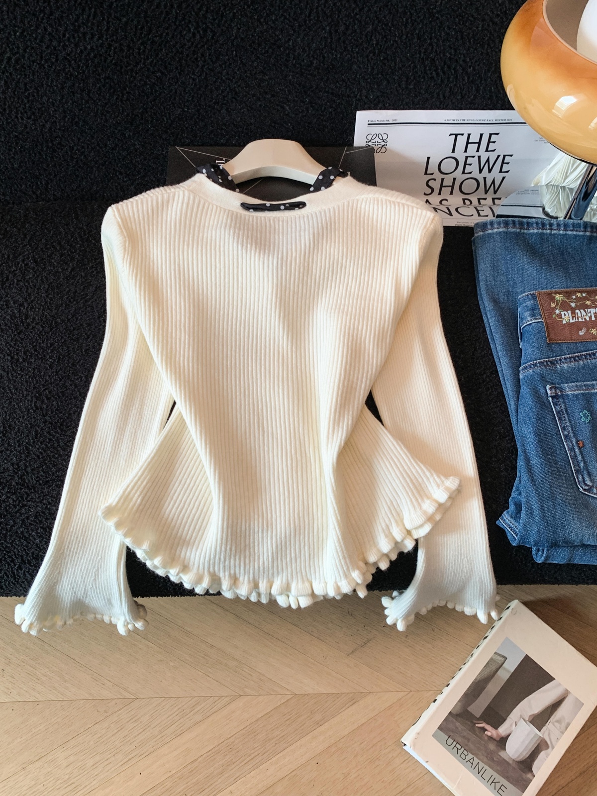 Apricot V-Neck Ribbon Bow Knit Top for Women Early Autumn Sweater Base Layer
